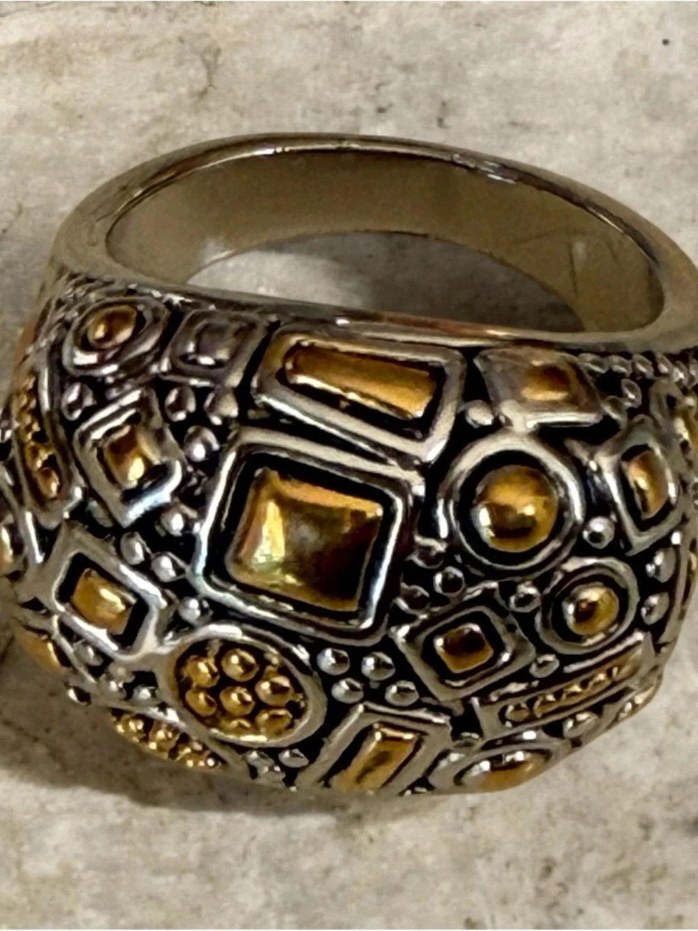 Boho Two-Tone Wide Band Cocktail Ring Geometric Mosaic Design
